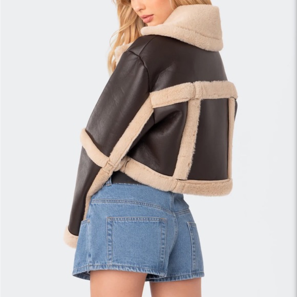 Edikted Ricky Faux Leather Fur Shearling Jacket - Picture 3 of 5